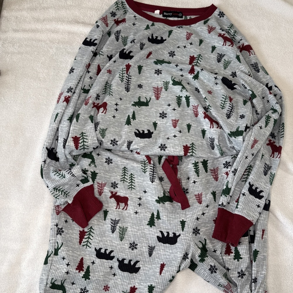 Christmas Pajama Set XL Thermal Waffle Knit Woodland Bear Moose 2 Piece